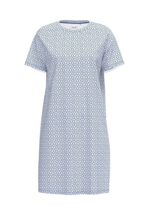 Kurzes Kleid aus leichtem blau-weißen Baumwollstoff mit floralem Muster und Rautenformen. Rundhalsausschnitt, lockere Passform.