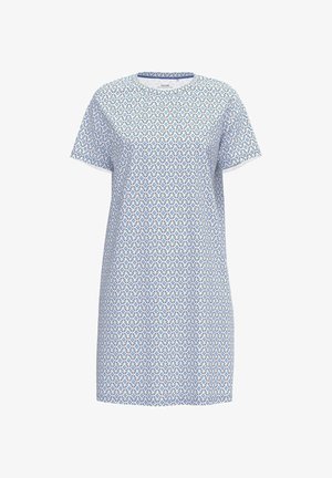 Kurzes Kleid aus leichtem blau-weißen Baumwollstoff mit floralem Muster und Rautenformen. Rundhalsausschnitt, lockere Passform.