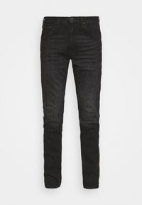 Jean en denim noir avec une coupe ajustée, design à cinq poches, braguette zippée et passants de ceinture. Texture lisse avec un léger dégradé et des détails de couture.