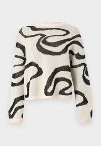 Kreminė megztinė su juoda abstrakčia spiralės raštu, laisva forma, ilgos rankovės, apvalus iškirpimas, tekstūruota medžiaga ir raukšlėtos rankogaliai.