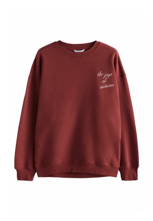 Bordeauxfarbener Sweatshirt mit geripptem Rundhalsausschnitt, überschnittenen Schultern und gesticktem Text "die Freuden des Herbstes" auf der linken Seite. Weiche Textur.