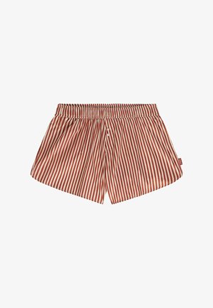 Rote und cremefarbene gestreifte Shorts mit einem elastischen Bund und drei Knöpfen vorne. Leichte Stoffqualität, lockere Passform.