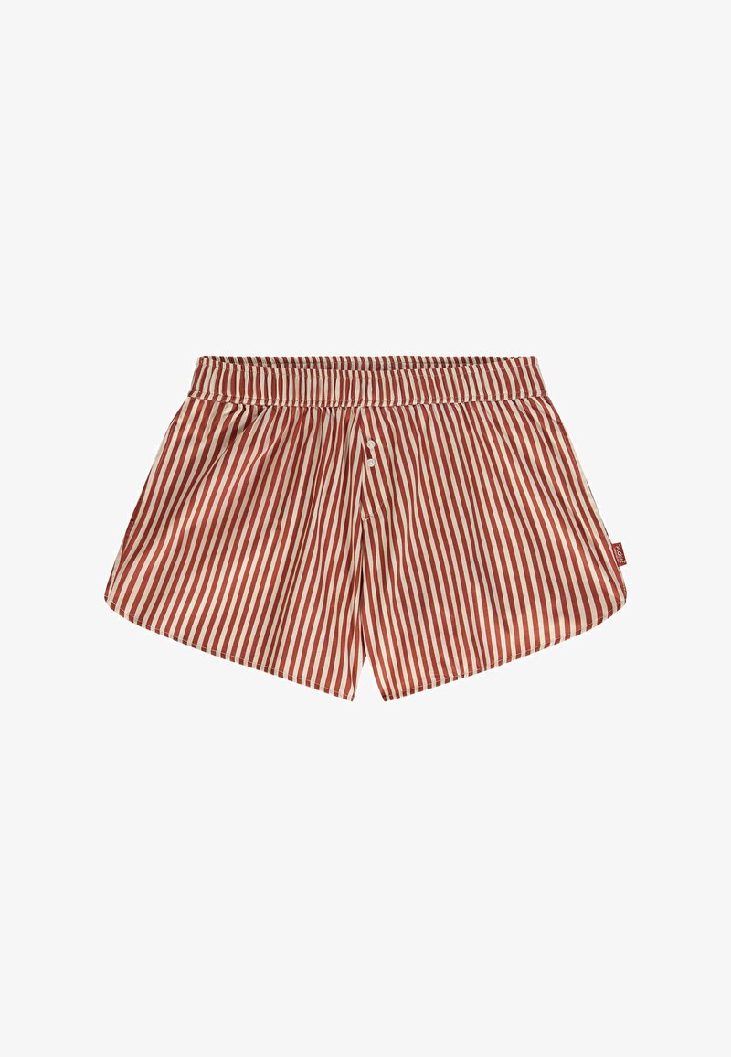 Punane ja kreemjastriibuline lühike püks kostüüm elastse vöökoha ja kolme nupuga ees. Kerge kangas, mugav istuvus.