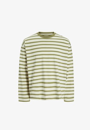 T-shirt à manches longues en crème et vert olive rayé, fabriqué en coton doux, avec un col rond et une coupe décontractée.