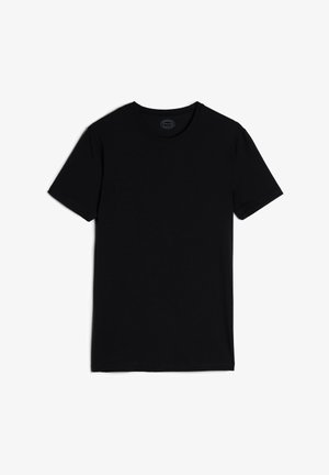 Schwarzes T-Shirt mit kurzen Ärmeln und Rundhalsausschnitt, aus glattem Stoff gefertigt. Verfügt über einen klassischen Schnitt und hat keine ausgeprägten Muster oder Akzente.