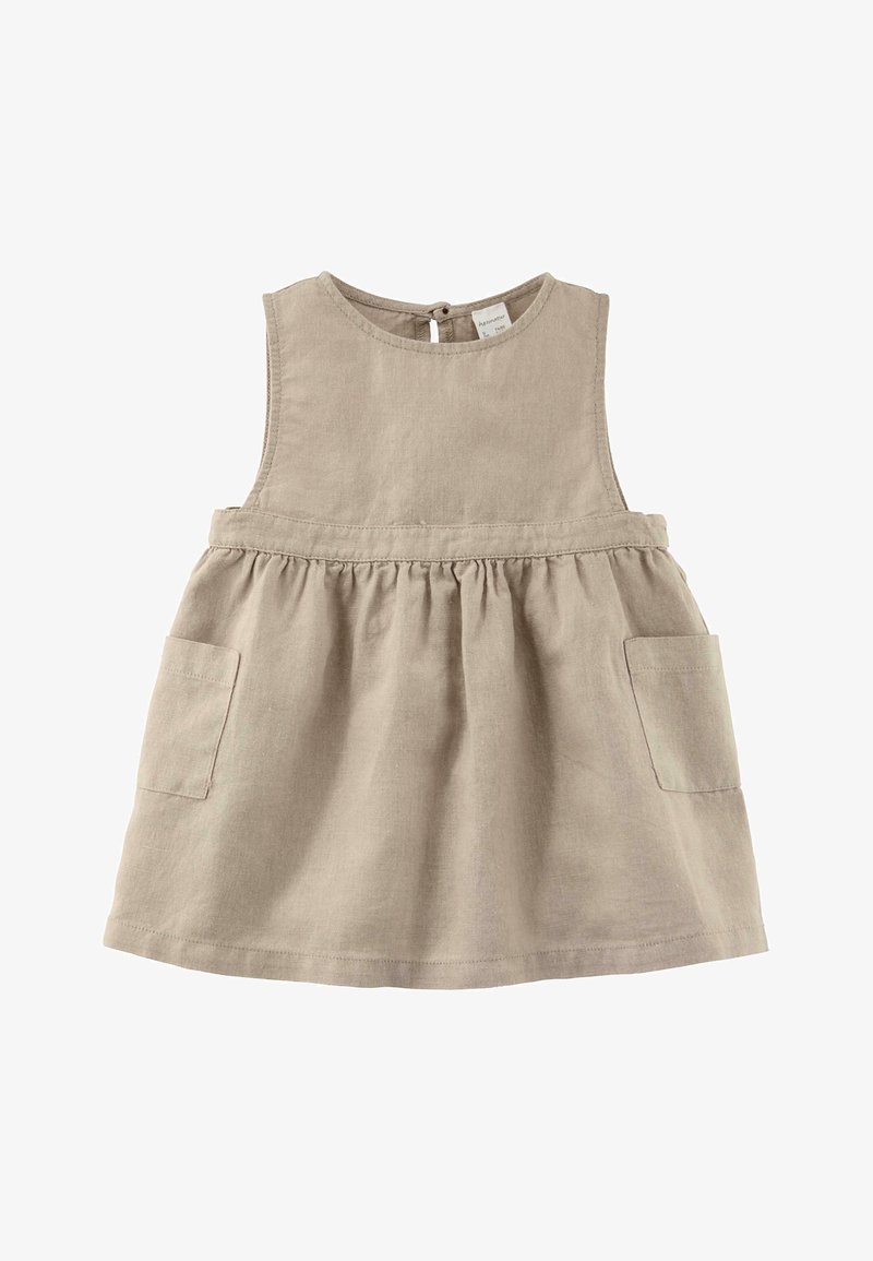 Jasnobeżowa lniana sukienka z zaokrąglonym dekoltem, bez rękawów, z marszczonym dołem i dwoma przednimi kieszeniami. Zapięcie na plecach z kluczową dziurką.