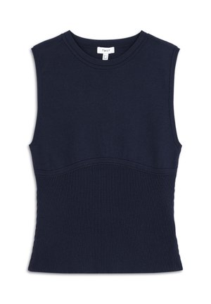 Top sin mangas azul marino que presenta una sección inferior acanalada y un panel superior liso. Cuello redondo con detalles texturizados alrededor de la cintura.