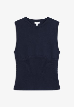 Marineblauw mouwloos topje met een ribbel ondergedeelte en een glad bovenpaneel. Ronde hals met textuurdetails rond de taille.