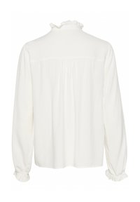 White long-sleeve blouse with a ruffled collar, puffy sleeves, and a gathered back, made from a smooth fabric. Features elastic cuffs.