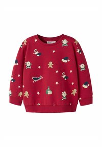 Roter Pullover aus weichem Stoff mit holiday-inspirierten Druckmotiven, darunter der Weihnachtsmann, Lebkuchenmänner, Zuckerstangen und Sterne.