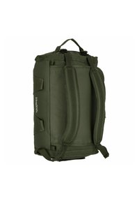 Borsa a tracolla verde realizzata in materiale durevole, con una forma strutturata, manici imbottiti e dettagli con logo. Include strap regolabili e tasche laterali.