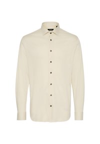 Hosszú ujjú gombos ing krémszínű anyagból, hegyes gallérral, sötét gombokkal és sima textúrával. Alkalmas hétköznapi vagy elegáns viseletre.