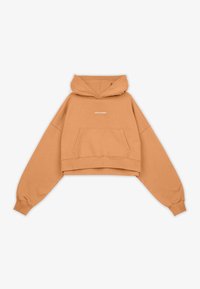 Hoodie cropped in morbido tessuto terracotta, con tasca a marsupio, maniche ampie e scritta bianca "PEGADOR" sul davanti.