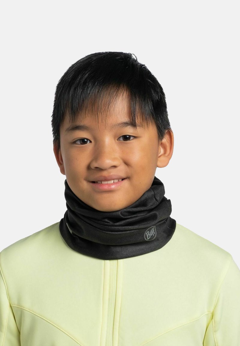 Black tubular neck gaiter made of soft, stretchy material, worn around the neck. The Buff logo is visible on the side.