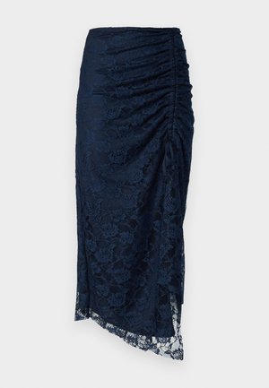 Fustă midi din dantelă bleu marin, cu un design cutat, hem asimetric și motive florale, având o textură transparentă la baza.