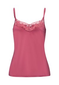 Lyserød camisole-top med justerbare stropper, der har en blondertrim ved halsudskæringen, glat tekstur og tætsiddende design.