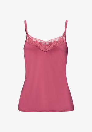 Roze camisole-top met verstelbare bandjes, voorzien van een kanten rand bij de halslijn, een gladde textuur en een aansluitend ontwerp.