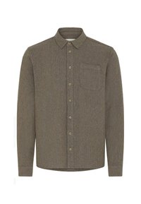 Groene textuurshirt met een knoopsluiting, lange mouwen en een borstzak. Heeft een klassieke kraag en zes knopen aan de voorkant.