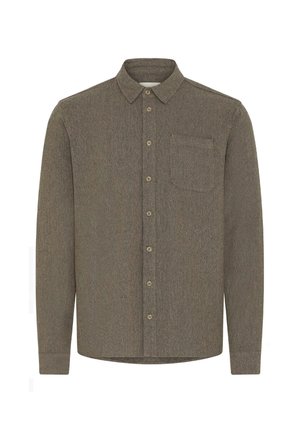 Camicia verde con texture, design a bottoni, maniche lunghe e tasca sul petto. Presenta un colletto classico e sei bottoni frontali.