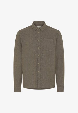 Green textured shirt with a button-up design, long sleeves, and a chest pocket. Features a classic collar and six front buttons.