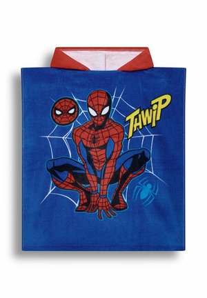 Blaues Kapuzenhandtuch mit hockendem Spider-Man, Spider-Man-Gesicht, Netz-Hintergrund und gelbem "THWIP"-Text auf der Vorderseite.