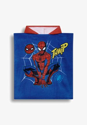 Blaues Kapuzenhandtuch mit hockendem Spider-Man, Spider-Man-Gesicht, Netz-Hintergrund und gelbem "THWIP"-Text auf der Vorderseite.