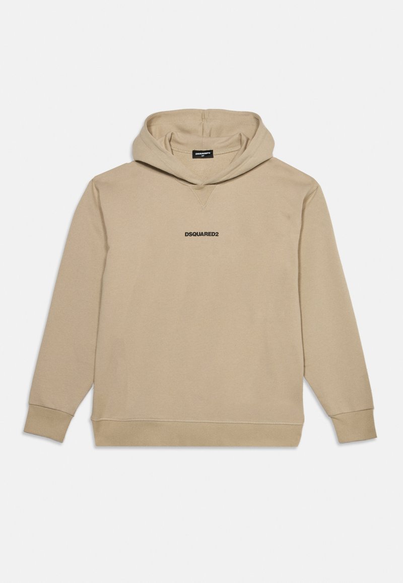 Sweat à capuche beige à manches longues avec "DSQUARED2" imprimé en petites lettres noires au centre devant.