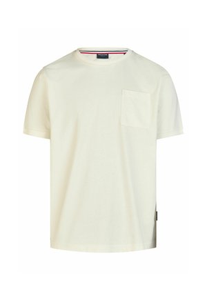 Roomkleurig T-shirt met korte mouwen, ronde hals en een klein borstzakje aan de linkerkant, getoond op een witte achtergrond.