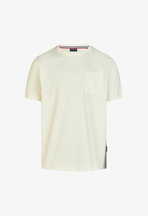 Roomkleurig T-shirt met korte mouwen, ronde hals en een klein borstzakje aan de linkerkant, getoond op een witte achtergrond.