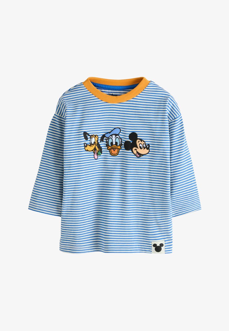 Chemise à manches longues pour enfants, rayée bleu et blanc avec un col jaune, avec des visages brodés de Pluto, Donald Duck et Mickey Mouse.