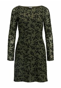 Alyvuogių žalios spalvos ilgos rankovės suknelė su juodais gėlėtais aksominiais raštais, apvaliu iškirpimu ir prigludusia siluetu.