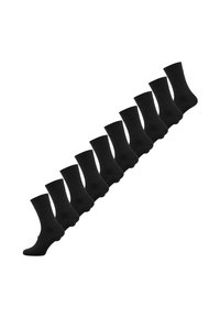 Række af ti sorte sokker med ribbede toppe, arrangeret diagonalt mod en hvid baggrund, der viser deres ensartede design.