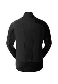 Black cycling jacket with a sleek design, featuring a high collar, long sleeves, and contrast stitching. Lightweight, fitted shape, and breathable fabric.