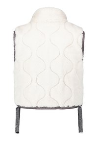 Faux-Fur-Weste in Off-White mit welliger Textur, hohem Kragen und kontrastierendem grauen Futter. Verfügt über verstellbare Riemen im Rückenbereich.