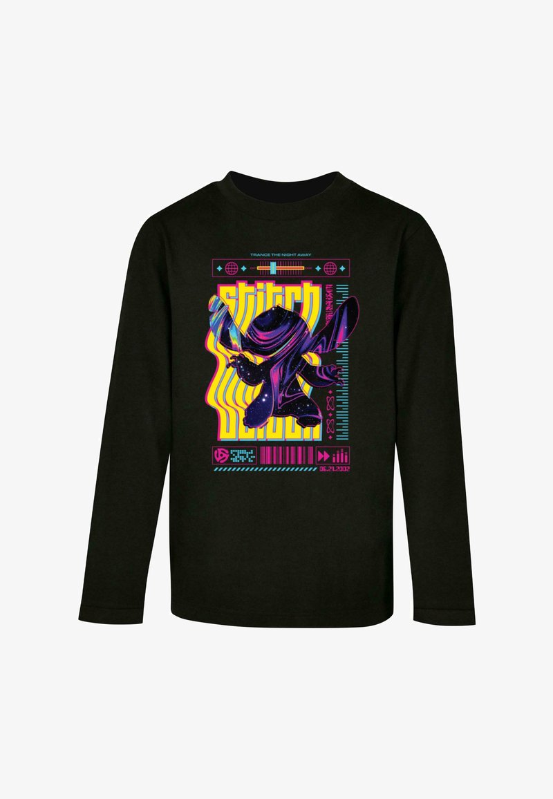 Schwarzes Langarm-T-Shirt mit einem bunten, kosmischen Grafikdesign eines Charakters, der lebendige Akzente und Textelemente aufweist.