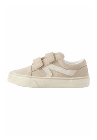 Beige Canvas-Sneaker mit Klettverschlüssen, einem weißen Akzentdesign, einer runden Zehenpartie und einer Gummisohle mit strukturierten Details.