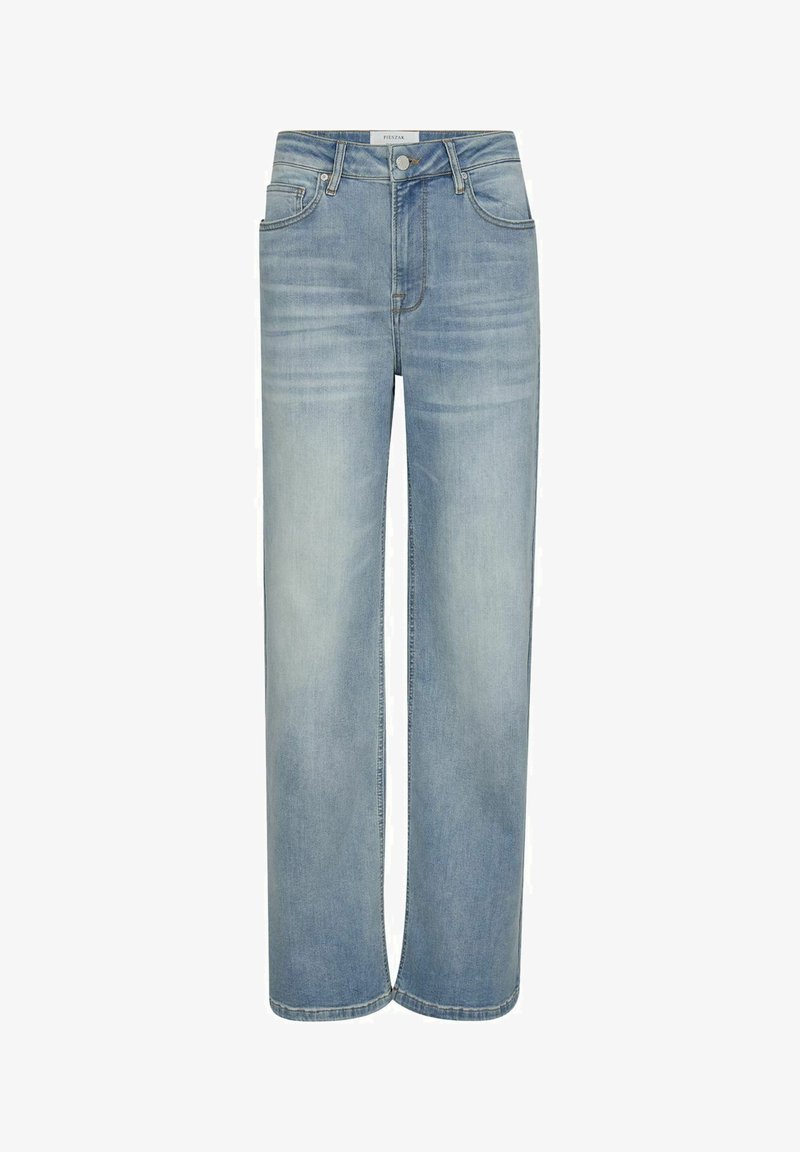 Heledad sinine vabaaja teksapüksid, mis on valmistatud denimist, kõrge taljega, ees olevate taskutega ja klassikalise nööbistamisega. Sile, hägune tekstuur.