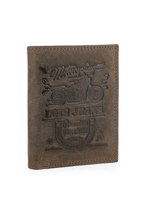 Cartera de cuero marrón con diseño de motocicleta en relieve, marca "Lois Jeans" y acabado texturizado. Bordes cosidos y acentos vintage.
