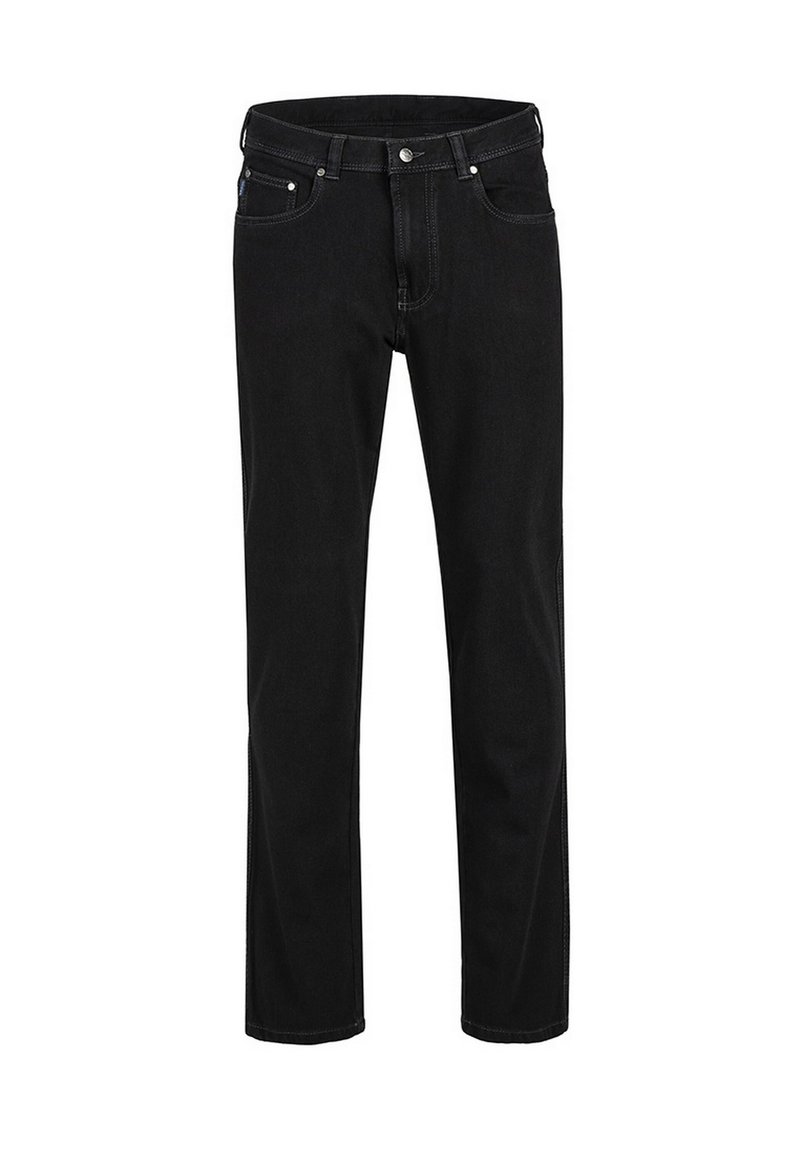 Zwarte denim jeans met een rechte snit, voorzien van een metalen knoopsluiting, vijf zakken en contrasterende stikdetails.