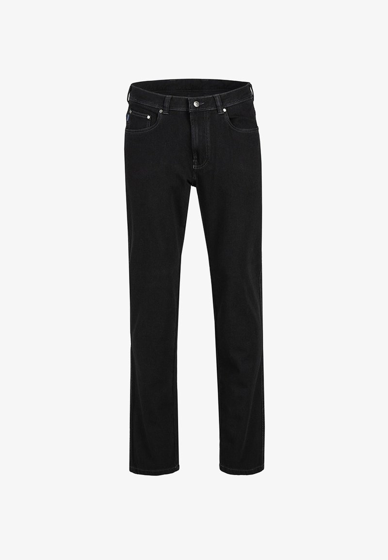 Zwarte denim jeans met een rechte snit, voorzien van een metalen knoopsluiting, vijf zakken en contrasterende stikdetails.