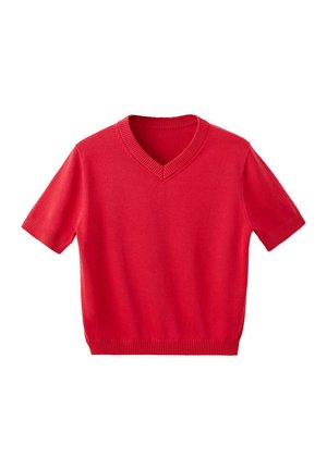 Roter kurzärmeliger V-Ausschnitt Strickpullover mit gerippten Bündchen und Saum, dargestellt auf weißem Hintergrund.