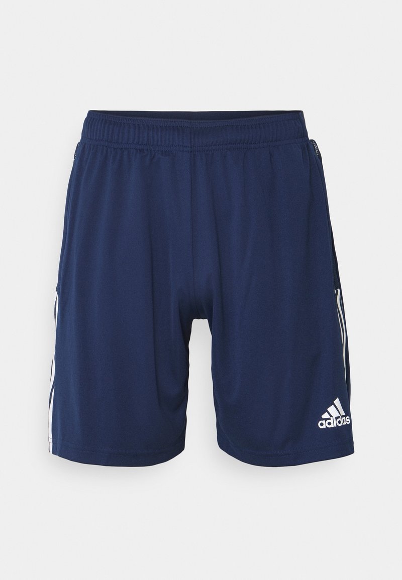 Shorts de sport Adidas bleu marine avec taille élastique, bandes blanches sur les côtés et logo Adidas sur la partie inférieure de la jambe droite.