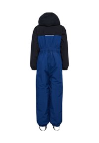 Kinderen één-delige skipak met capuchon, elastische taille, zwarte mouwen en bovenrug, blauw lijf en benen en voetbanden.