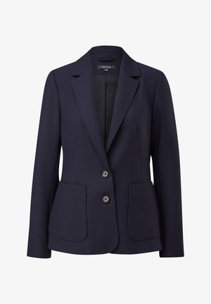 Blazer blu navy su misura in poliestere con colletto a rever, due tasche anteriori, due bottoni e una texture liscia.
