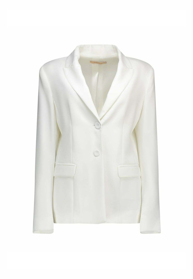 Blazer bianco realizzato in tessuto liscio, con colletto a rever, due tasche frontali e due bottoni frontali. Vestibilità sartoriale con maniche lunghe.