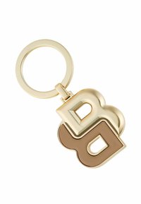 Gold keychain featuring interlocking letters "B" in gold and a brown finish, smooth surface, and a circular keyring attachment.