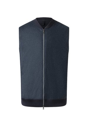 Men's navy blue sleeveless zip-up vest with ribbed collar and hem, displayed against a white background.