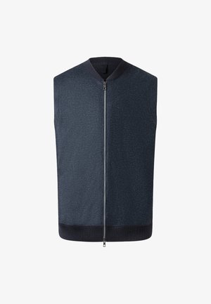 Herren ärmellos navy-blaues Zip-Up-Westen mit geripptem Kragen und Saum, vor einem weißen Hintergrund präsentiert.