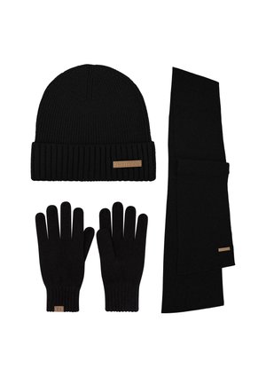 Schwarze Strickmütze mit geripptem Bündchen, passenden schwarzen Handschuhen und einem schwarzen Schal. Jedes Stück verfügt über ein kleines, sandfarbenes Markenlogo.