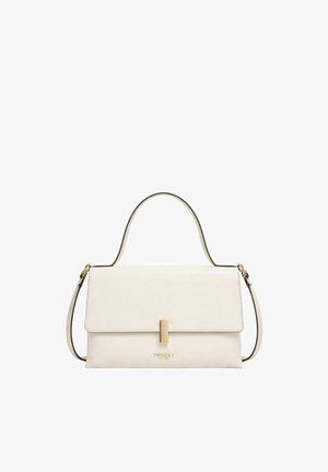 Borsa rettangolare color crema in pelle con manico superiore, tracolla rimovibile, chiusura dorata e piccolo logo del marchio dorato al centro anteriore.